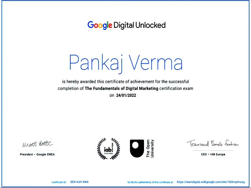 who is the best seo expert in kuwait? Pankaj Verma's SEO Certifications including Google Digital Unlocked, Google Analytics for Beginners, and more